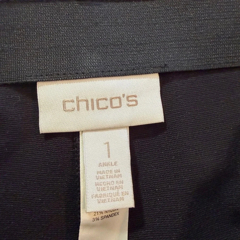 Black Ankle Pants Chico's Size 1 Medium Pull On Ponte Knit Slim Leg‎ Trousers